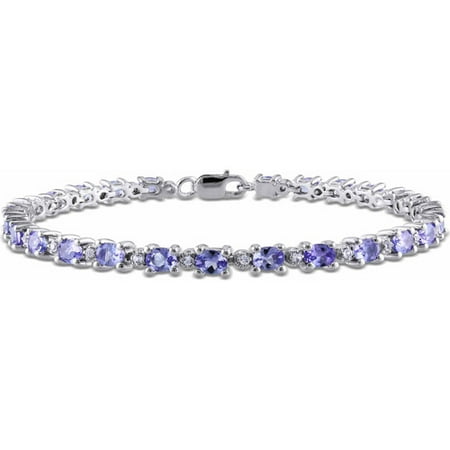 - 4-2/5 Carat T.G.W. Oval and Round-Cut Tanzanite and White Topaz Sterling Silver Tennis Bracelet, 7