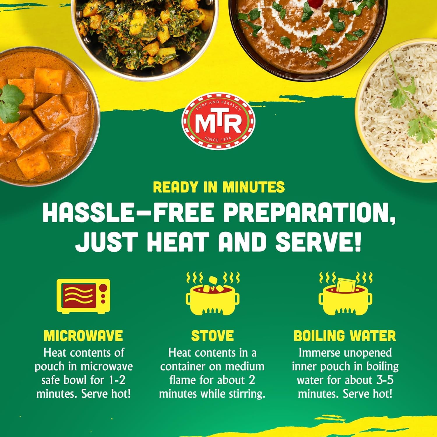 MTR Ready-To-Eat: Dhaba Mix - Assorted Pack of 4 (Alu Methi, Dal Makhani, Paneer Makhani, Jeera Rice) - Authentic Indian Food with No Added Preservatives - Suitable for Vegetarians