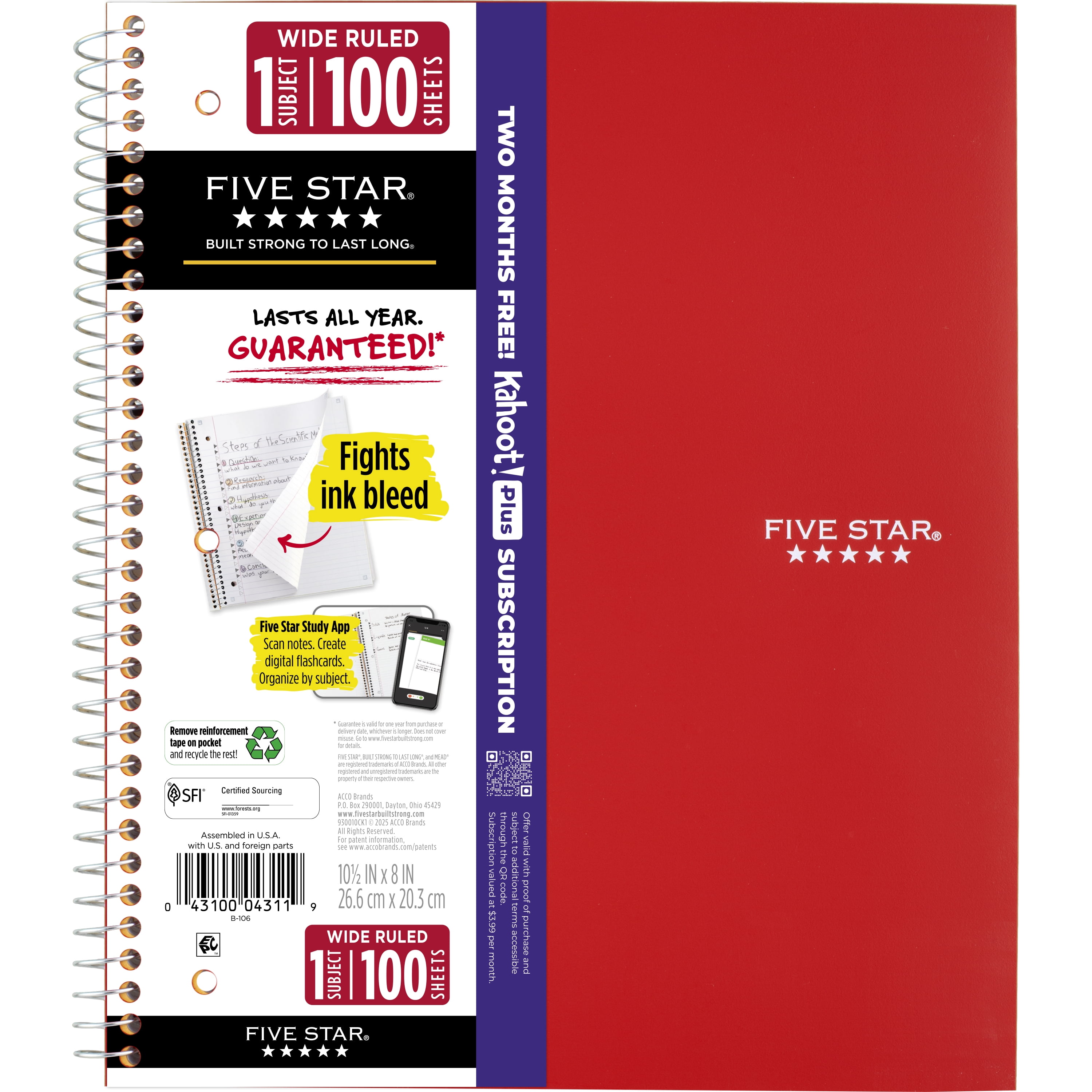 Five Star 1 Subject Wide Ruled Notebook Plus Study App, 8" x 10.5", Fire Red, Poly, Spiral, 100 Sheets