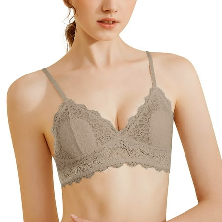 

mveomtd Lace Bralette With Extenders Thin Adjustable Strap Padded Cute Triangle Bralette Lace Bra For Women (with Chest Pad) Staples Bra Beige L
