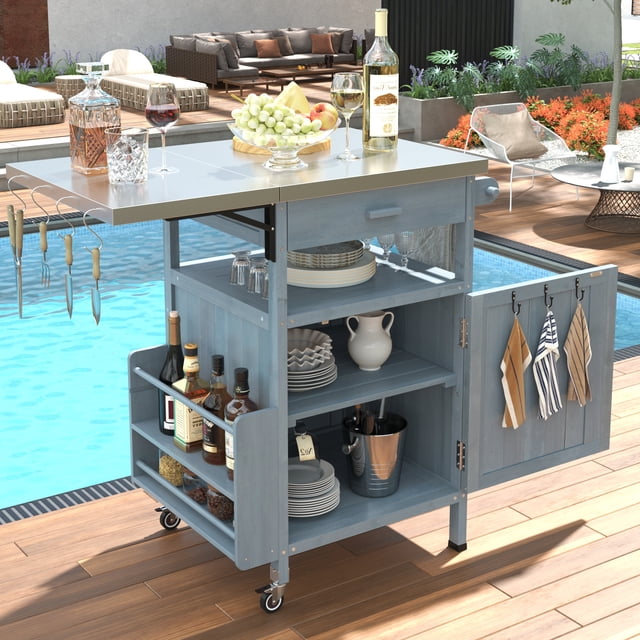 HMSHA 40.5" Outdoor Grill Cart with Stainless Steel Top,Solid Wood Outdoor Storage Cabinet with Drop Leaf,One Drawer,Towel Rack,Rolling Kitchen Cart with Lockable Wheels for Lawn Garden,Blue Grey