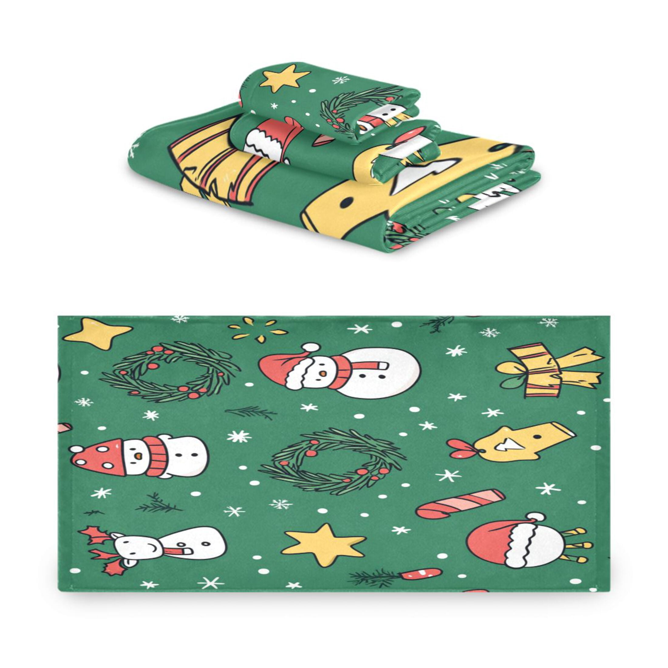 WOBOGO Cartoon Christmas Patterns with Simple Lines Ultra Soft 3 Pack Cotton Towel Set Includes 60 x 30in Bath Towel 28 x 16in Face Towel and 13 x 13in Small Square Towel for Everyday Use Lightweight