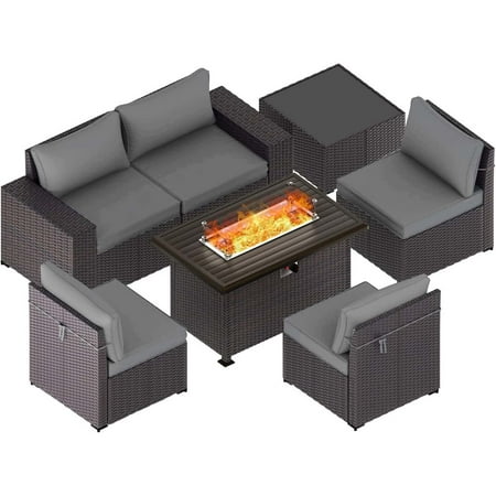 Gotland Outdoor Patio Furniture Set 7 Pieces Rattan Wicker Sectional Sofa with 43.3 Gas Fire Pit Table Grey