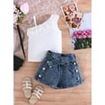 thumbnail image 4 of BemeyourBBs Toddler Baby Girls Summer Outfits Denim 2 Pieces Outfit Baby Girl Summer Clothes Sleeveless One Shoulder Ruffle Tank Vest Tops and Jeans Shorts Set with Belt, 4 of 9