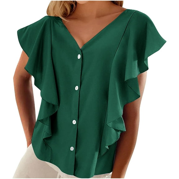 BangWanChi Spring Blouse for Women 2025 Women's Solid Color Casual Fashion Ruffle Short Sleeved V-neck Top/shirt