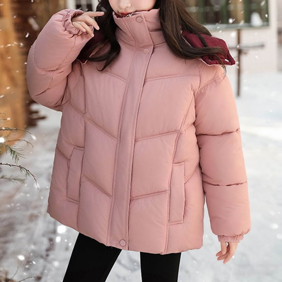 SGFCWSX Girls Winter Puff Coat Hooded Thick Warm Insulated Quilted Windproof Snow School Outwear with Pockets Pink Size 7