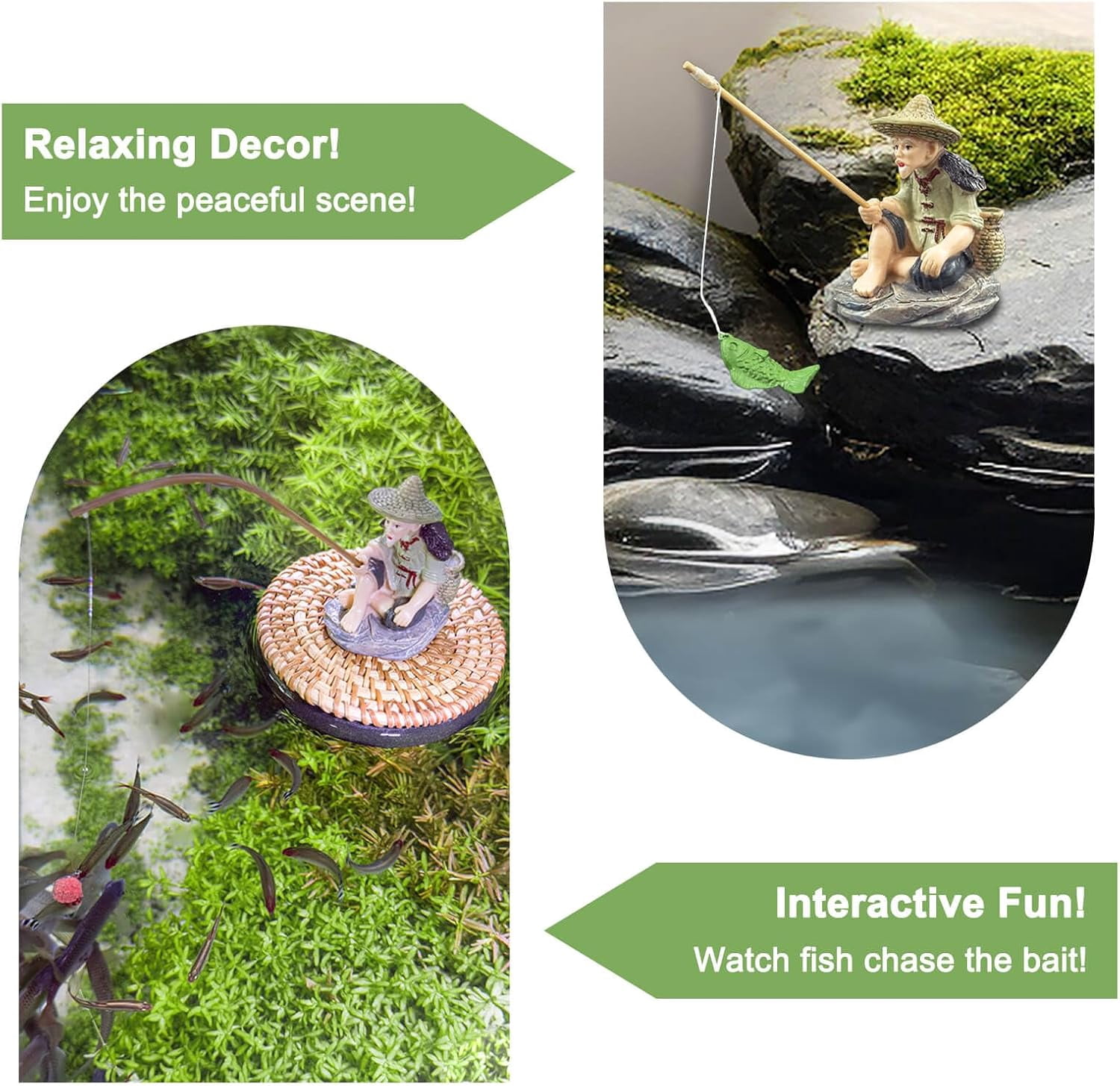 Floating Fish Tank Decorations, Resin Fisherman Aquarium Decor with Realistic Mini Fishing Rod, Fish Feeder Aquarium Ornaments for Guppy Betta and Small Schooling Species