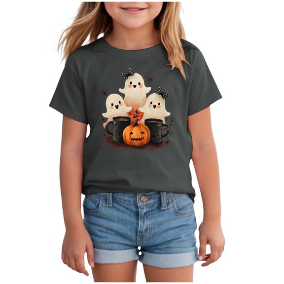TOWED22 Toddler Kid Girls Halloween T-Shirt Dancing Skeleton Pumpkin Graphic Tee Shirt Short Sleeve Spooky Season Fall Tops,Grey,8-9 Y