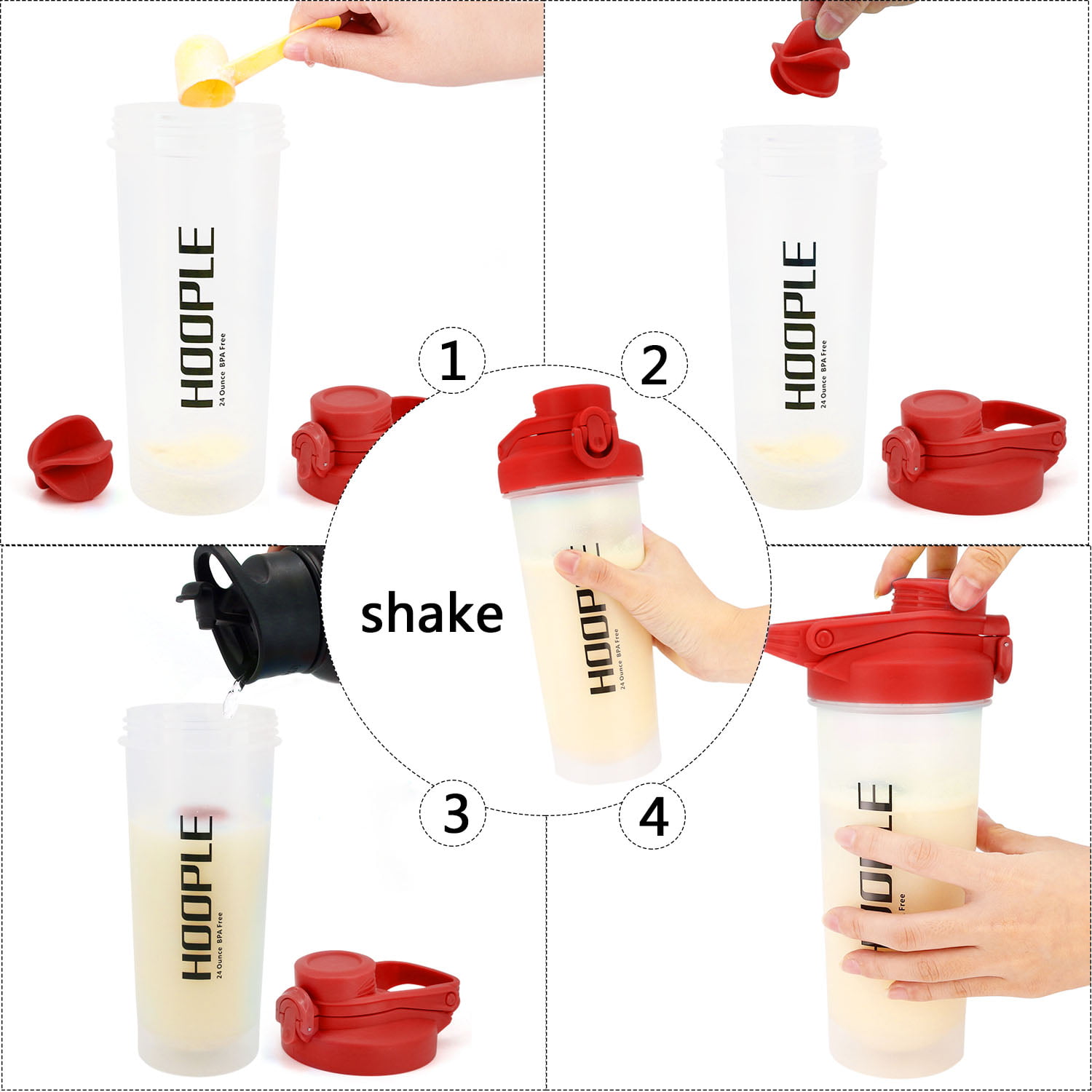 Auto-Flip Shaker Bottle 4 Pack for Protein Mixes Cups Powder Blender Smoothie Shakes BPA Free Small Shake with Powerful Mixing Ball - 24 Ounce (4