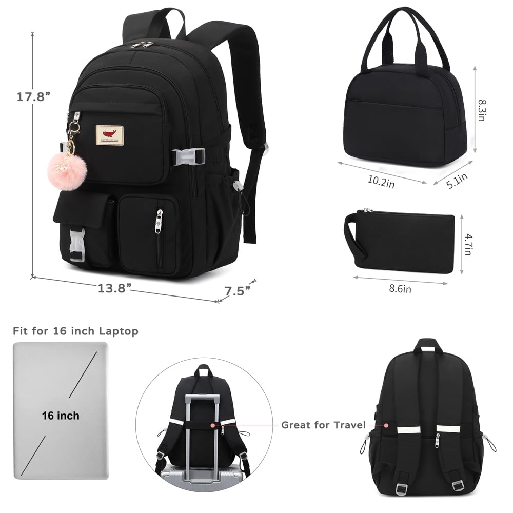 AO ALI VICTORY 3 Piece Backpack Set Laptop Backpack 15.6 inch Junior High Backpack College Backpack Anti-theft Travel Backpack Large Teenage Ladies（Black)