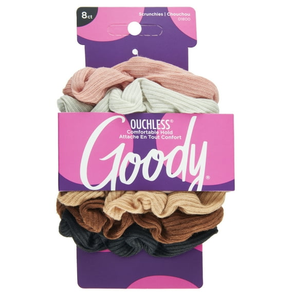 Goody Ouchless Ribbed Hair Scrunchies in Neutral Colors, 8 Count