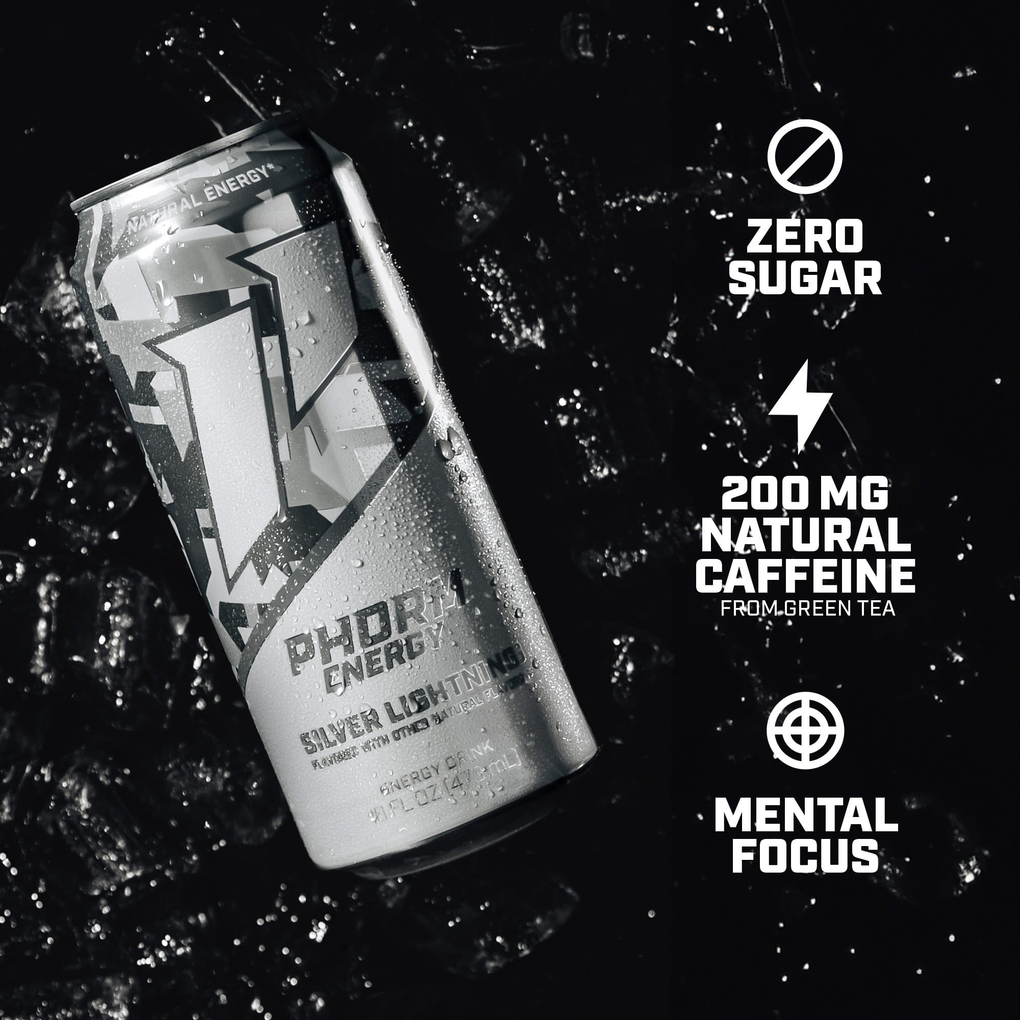 Phorm Sugar Free Energy Drink, Silver Lightning Flavor, 16 fl oz Cans, 12 Pack, 200 MG Natural Caffeine