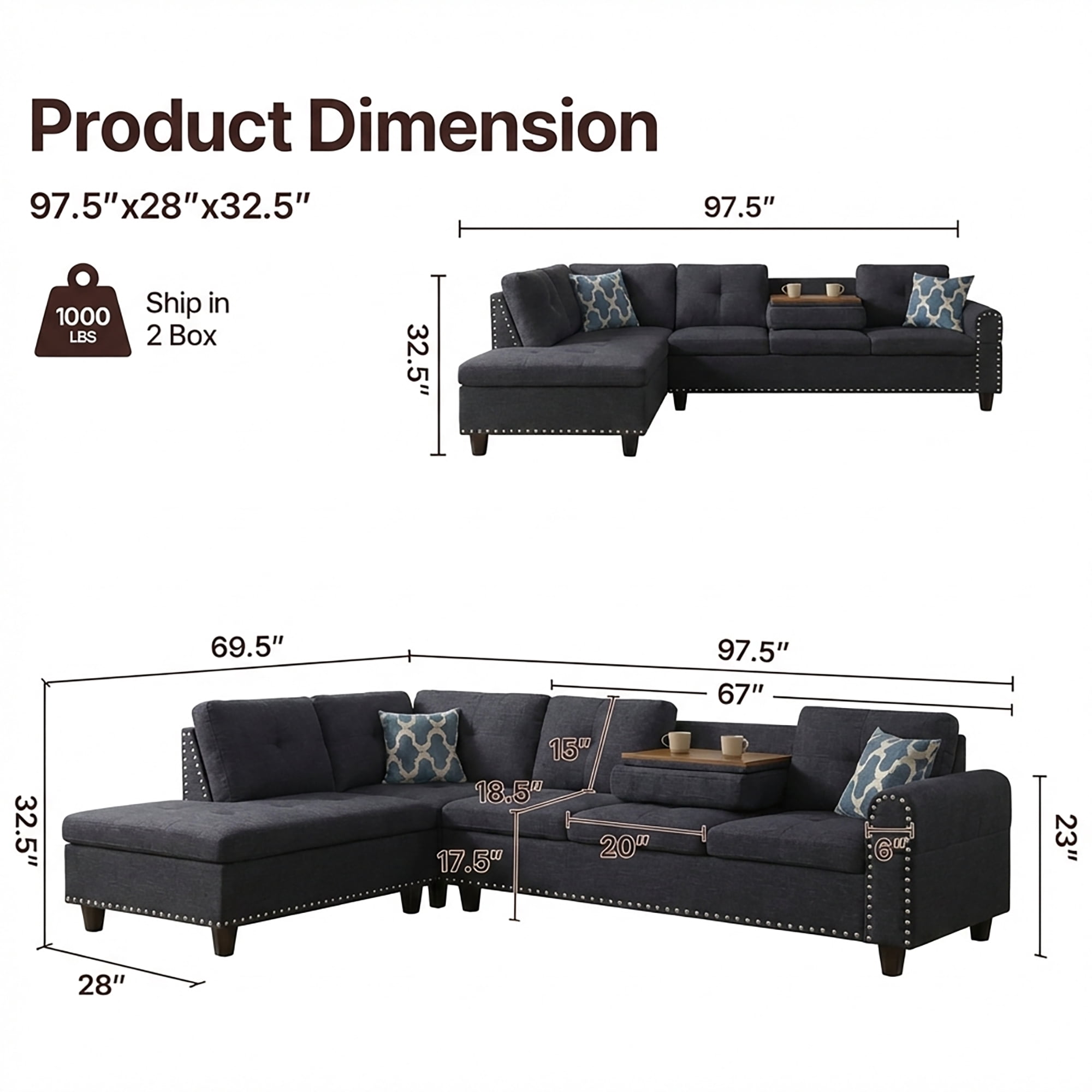 AENKYO 98" L-Shaped Upholstered Sectional Sofa Couch with Storage & Cup Holders, Faux Leather Living Room Sofa Set, Charcoal Gray