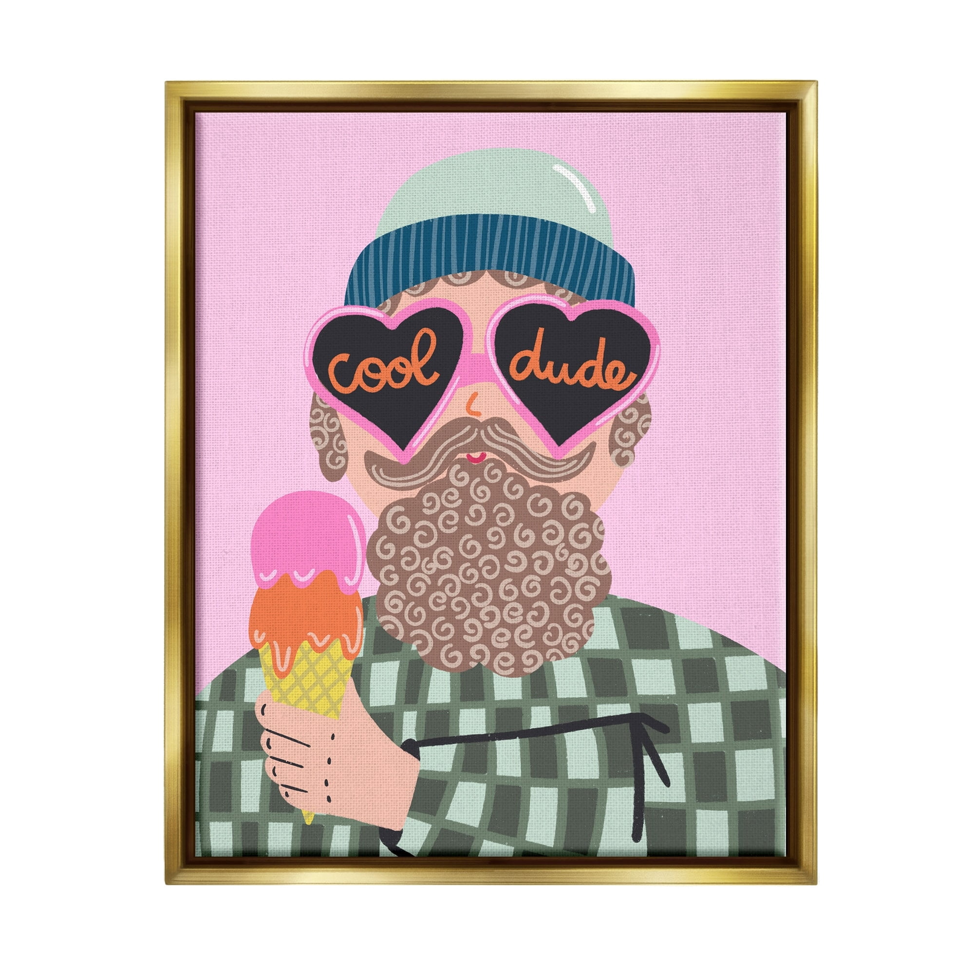 Stupell Industries Cool Dude Whimsical Man Checkered Pattern Ice Cream Graphic Art Metallic Gold Floating Framed Canvas Print Wall Art, Design by Dominika Godette