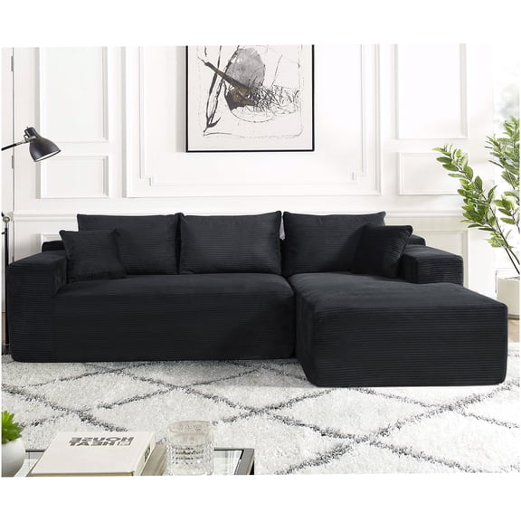 Convertible Corduroy Sectional Sofa, 2-Piece Right Facing L-Shape Couch with Chaise and Pillows, Black Compressed Furniture for Small Spaces