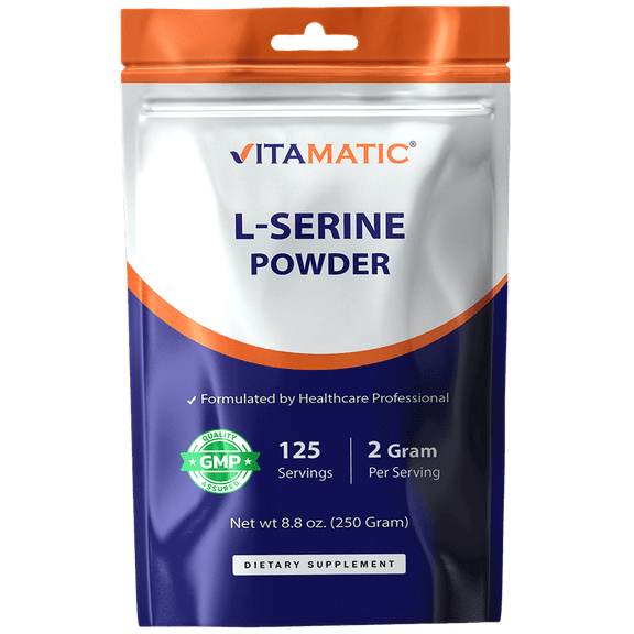 Vitamatic L-Serine Pure Powder 250 Gram | 2000 mg per Serving | 125 Servings | Unflavored | No Additives | Free of Soy, Eggs, Fish & Artificial Ingredients
