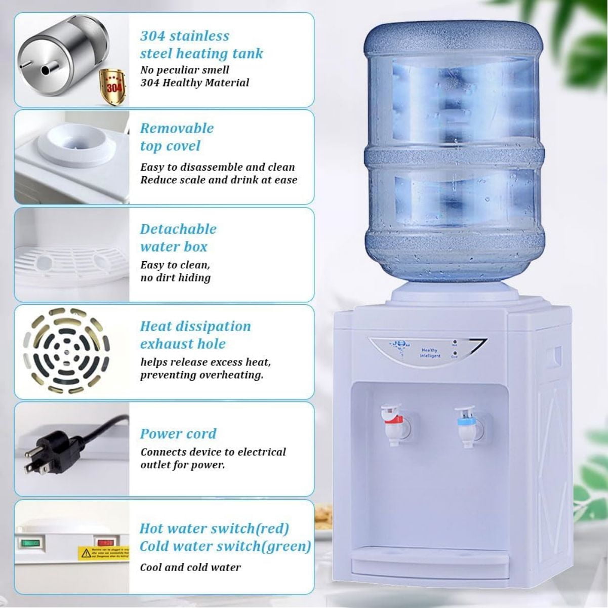 WSYW Top Loading Water Cooler Dispenser Mini Desktop Electric Hot Cold Water Dispenser for 2 to 5 Gallon Bottles Automatic Drinking Machine White