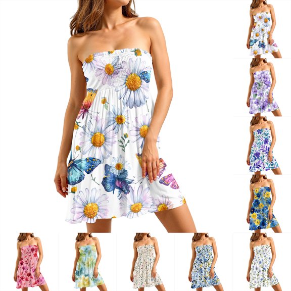 Summer Dresses for Women Strapless Beach Cover Ups Tube Top Dresses for Women Casual Vacation Floral dress for women Hawaiian Dress for Women Multicolor XXL