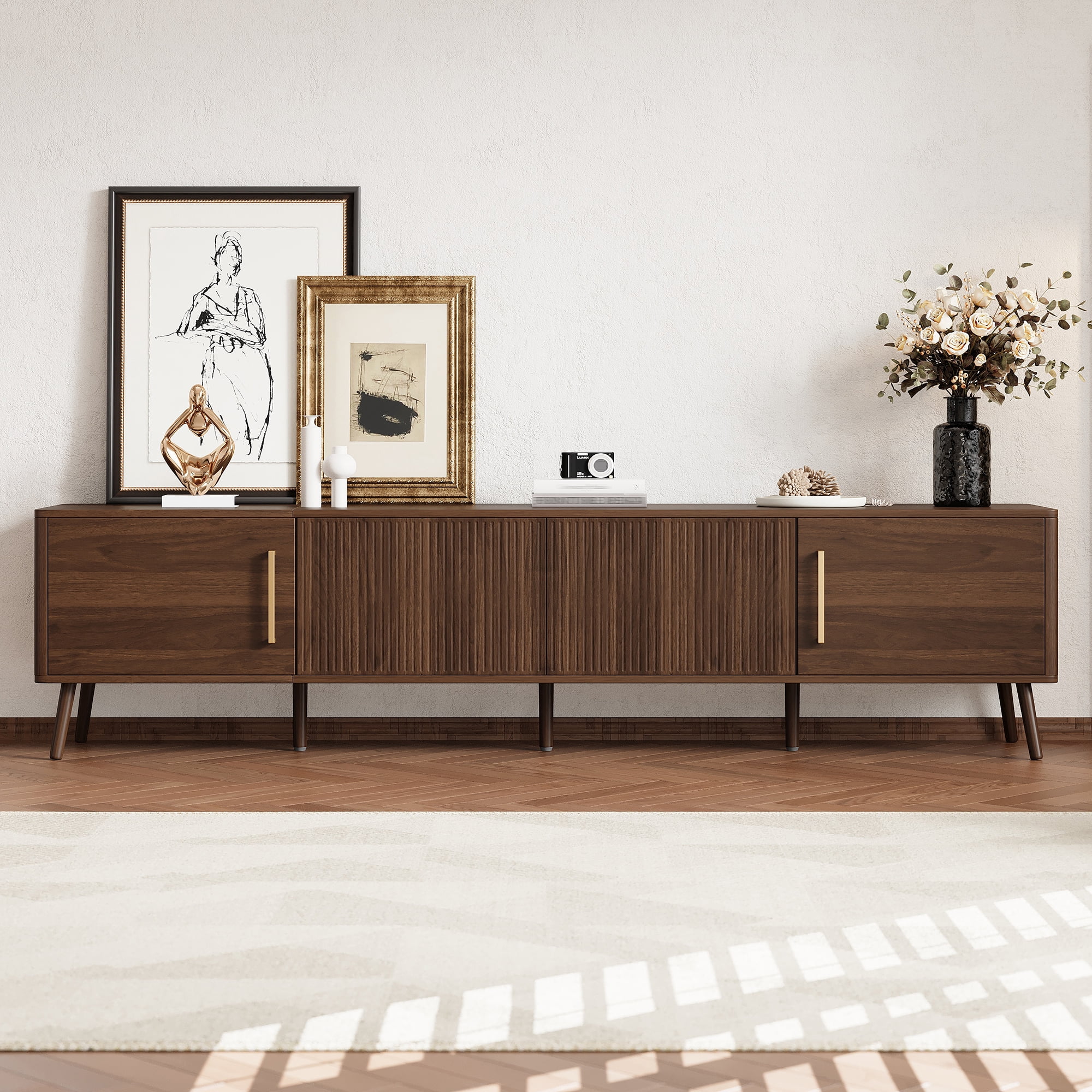 Euroco 78 inch Modern TV Stand for TVs up to 85", Entertainment Center with Fluted Door & Cable Management, Soft-Closing Hinges, Solid Wood Legs for Living Room