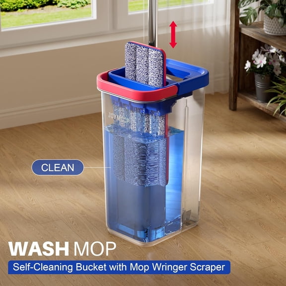 Microfiber Flat Mop and Bucket System - 60" Flat Mop   3 Microfiber Pads [Black & Red & Slate Blue]
