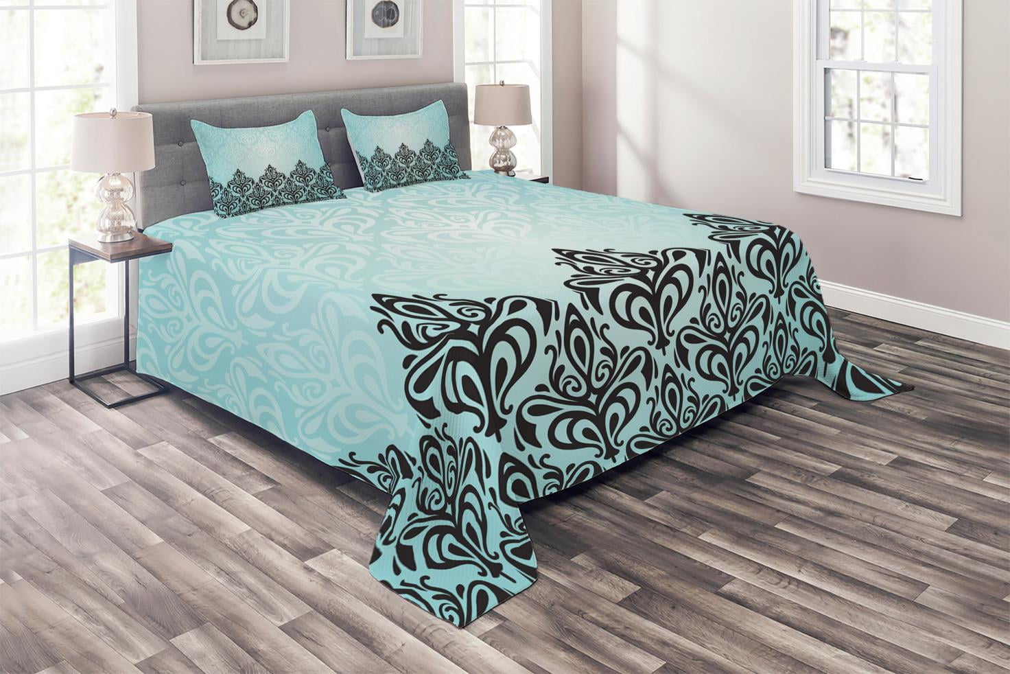 Damask Coverlet Set King Size, Modern Damask Motif with Symmetric Lines