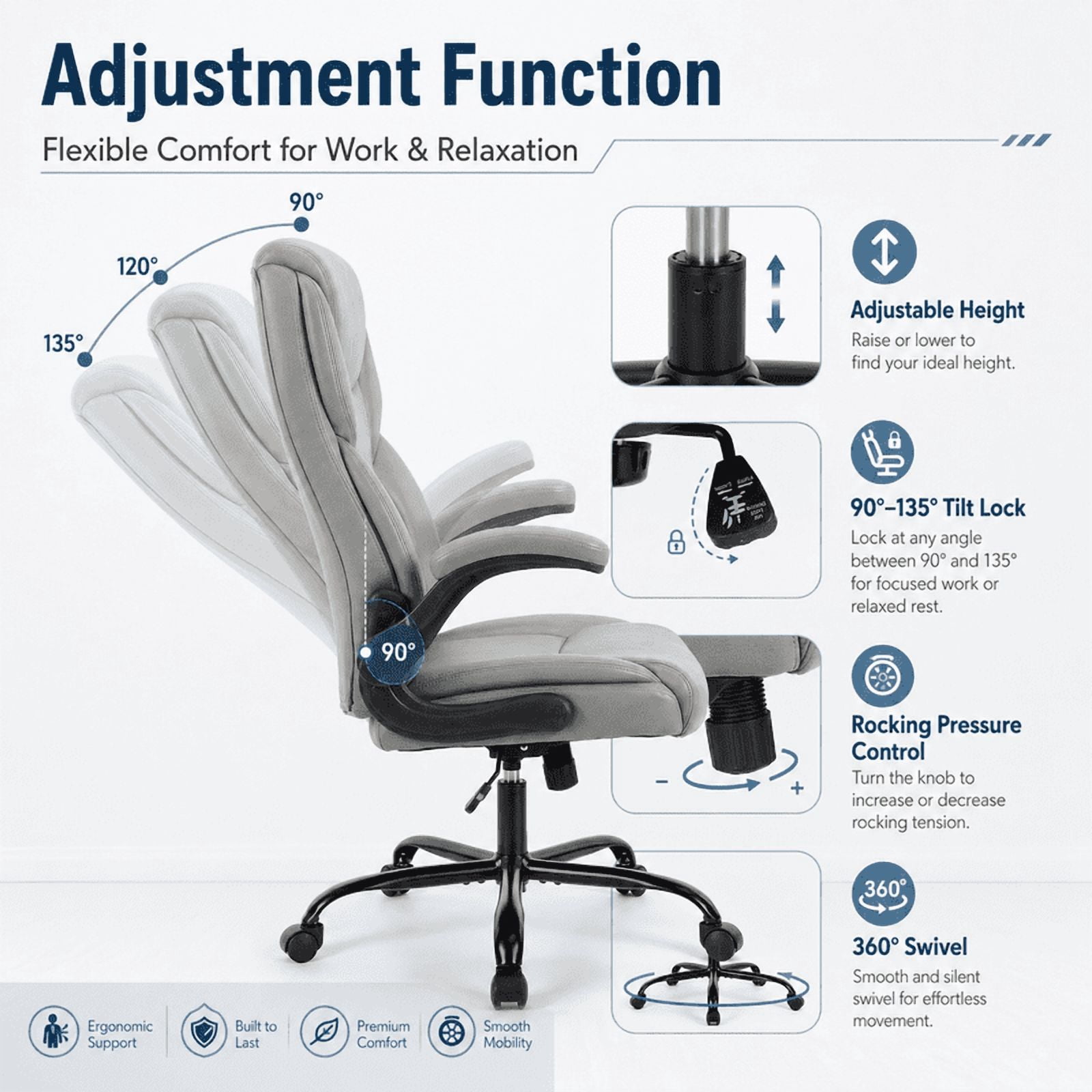 Ergonomic PU Leather Executive Office Chair, Adjustable Height Desk Chair with Lumbar Support, Wide Seat, 360° Swivel and Quiet Wheels, Gray