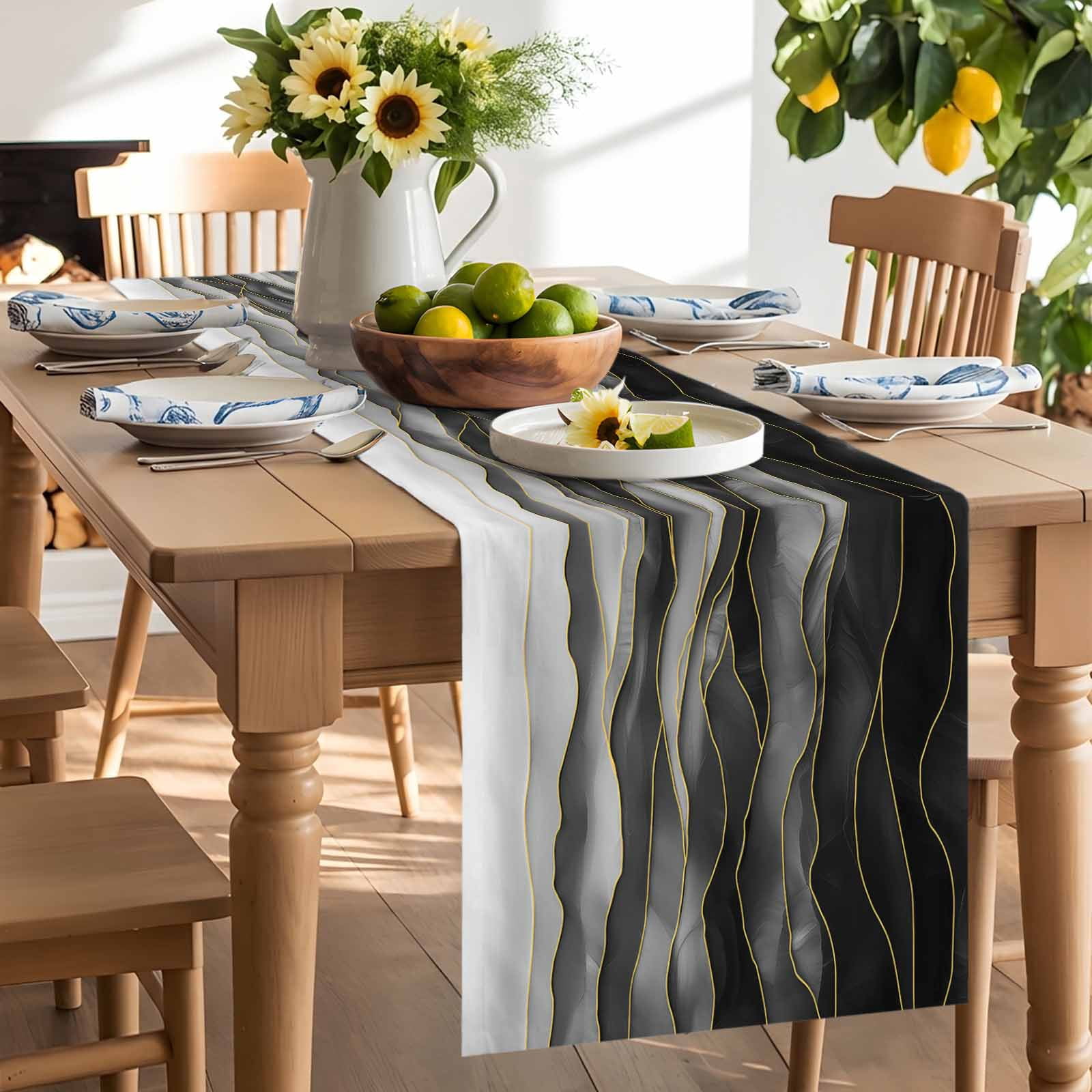 Black Grey Color Gradient Art Table Runner 90 Inches Long, Abstract Ombre with Gold Line Table Runners Tabletop Scarf Kitchen Dining Tables Decoration for Home Party Indoor Outdoor