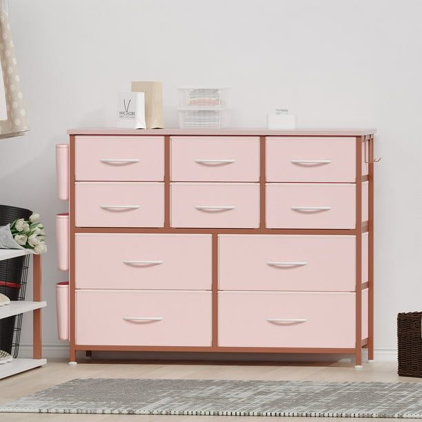 Cómoda con 10 cajones para dormitorio, organizador resistente con marco metálico y tapa de madera, asas fáciles de tirar