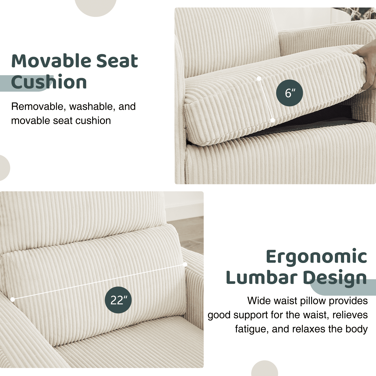 Aemeios Swivel Manual Recliner Chair Corduroy Fabric Nursery Glider Rocker Recliner, White