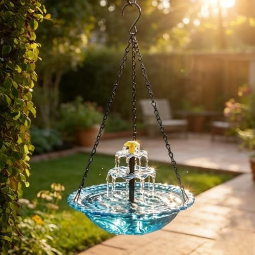 Esterze Solar Cascade Hanging Bird Bath Fountain, with Solar Powered Pump and Glass Bowl, for Garden, Patio, Lawn, Attracting Wild Birds & Hummingbirds