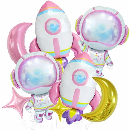 8Pcs Astronaut Rocket PriNst Balloons for Girls/Purple Space Rocket Balloons/Two the Moon Birthday Girl Party Decor/Galaxy Planet Space Travel UFO Baby Shower/Outer Planet for Girl