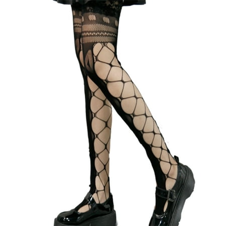 

Women Lolita Sexy Fishnet Pantyhose Goth Punk Side Hollow Out Cross Hole Sheer Mesh Tights Jacquard Pattern Stockings