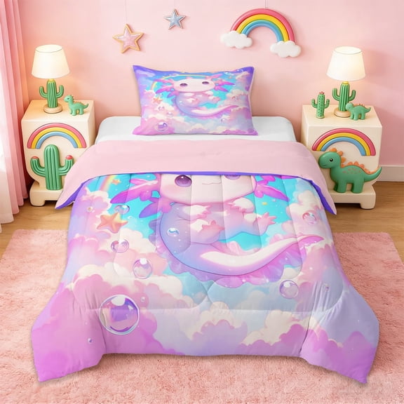 Erosebridal Cute Animals Axolotl Twin Comforter Sets,Kawaii Rainbow Stars Bedding Set For Girls Kids, Reversible 2 Pieces