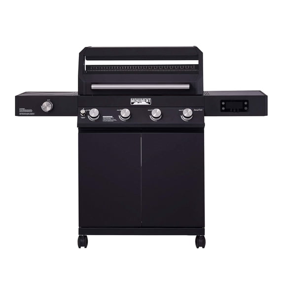 Monument Grills Denali 4-Burner Propane Gas Grill with Clearview Lid, LED Control Knobs, and Side Burner