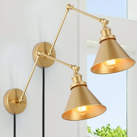 LNC 2 Pack 2-in-1 Plug in and Hardwired Gold Dimmable Swing Arm Modern Wall Sconce