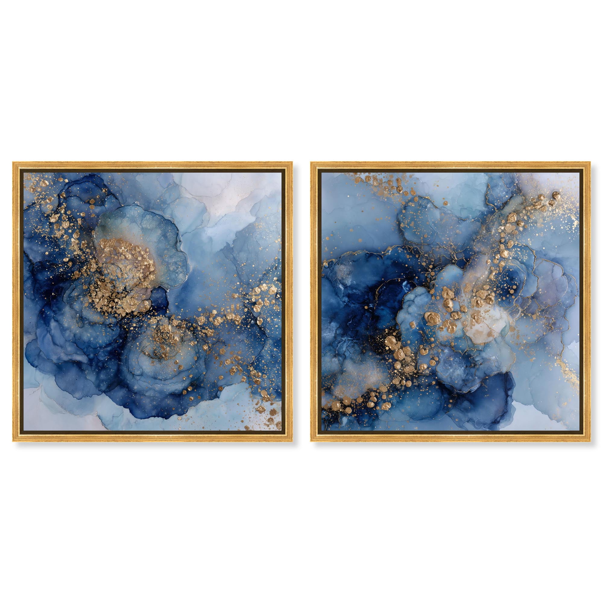 Sapphire Dust Radiance Diptych Pair Canvas Print Coastal Abstract Art Set by Art Remedy Gold Frame 40 x 40