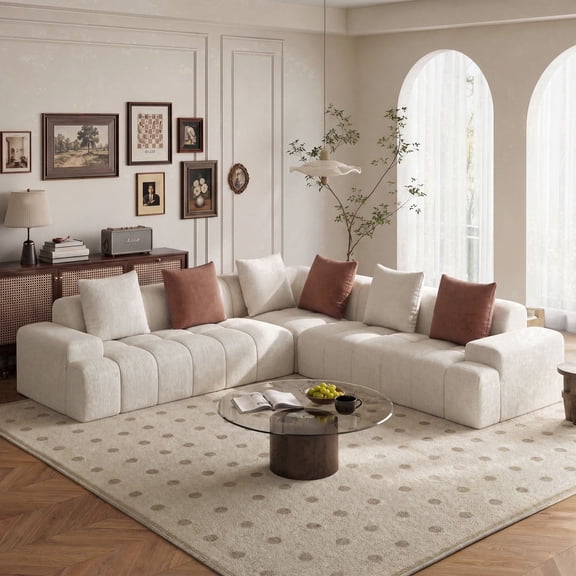Meeyar 109" Beige L Shaped Modular Boneless Sectional Sofa, 3 Piece Couch for Living Room