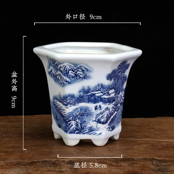 FRCOLOR Blue And White Ceramic Flower Pot Hand-Painted Porcelain Planter For Small Plant Decorative Flower Pot For Desk And Balcony