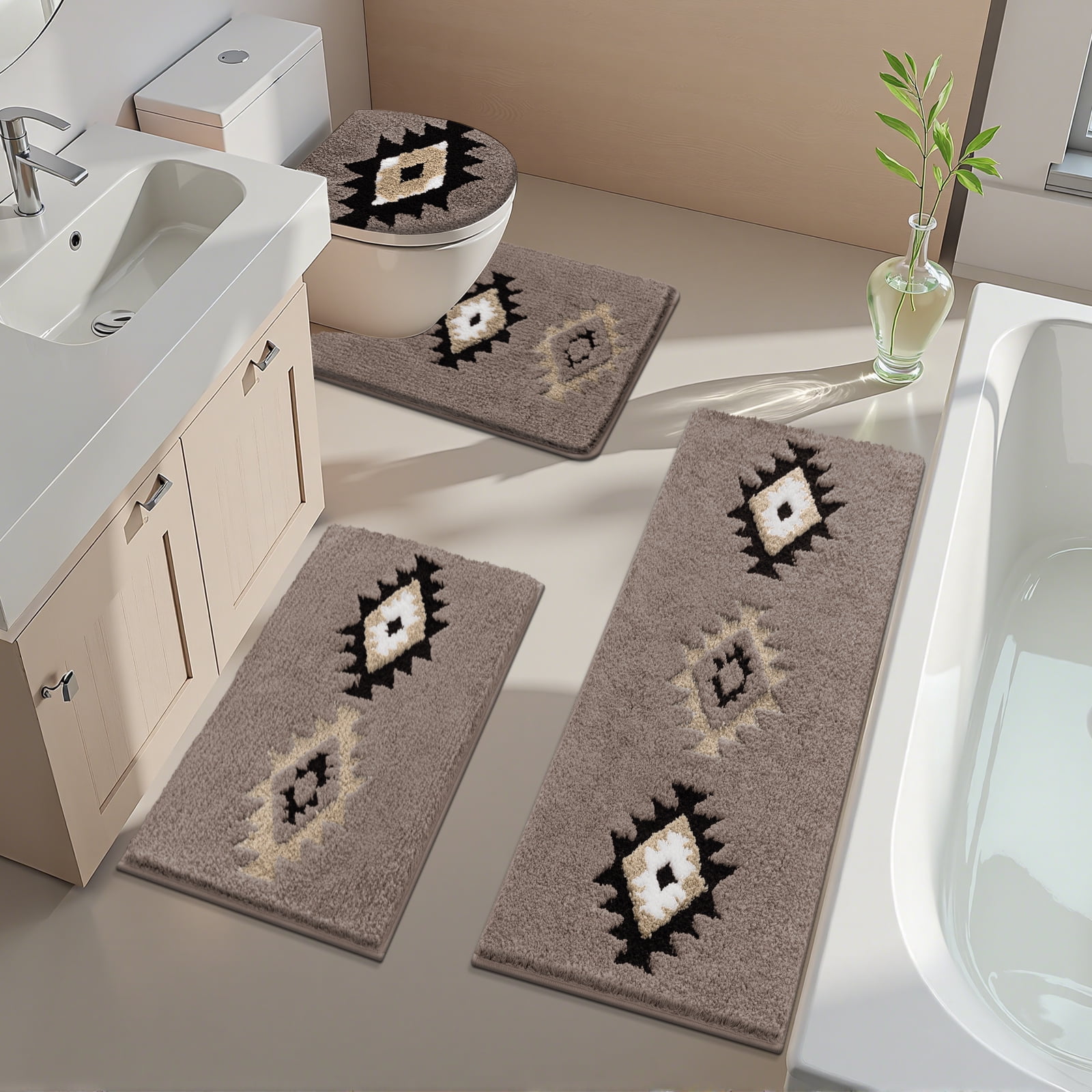 Bathroom Rugs Sets 4 Piece with Toilet Lid Cover, Non Slip Bathroom Mats Extra Soft Chenille Bath Rugs Absorbent Shaggy Rugs Perfect Plush Mats U-Shaped Toilet Rug and Toilet Cover Kitchen