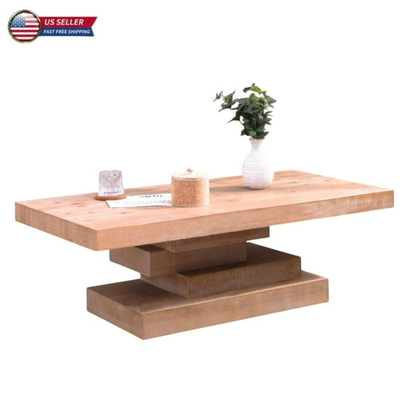GZXS 47.6" Rustic Wood Coffee Table for Living Room, Farmhouse Rectangular Center Tea Table with Sculptural Block Pedestal Base (Natural Wood Wash Color)