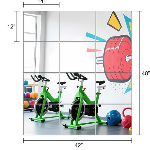 Gym Mirror Tiles - 14" x 12" x 12Pcs Wall Mounted Mirror Glass Frameless Full Length Mirror Tiles for Home Gym, Bedroom, Door & Bathroom