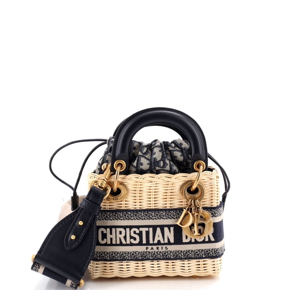 Pre-Owned Lady Dior Bag Wicker and Oblique Canvas Mini By Rebag