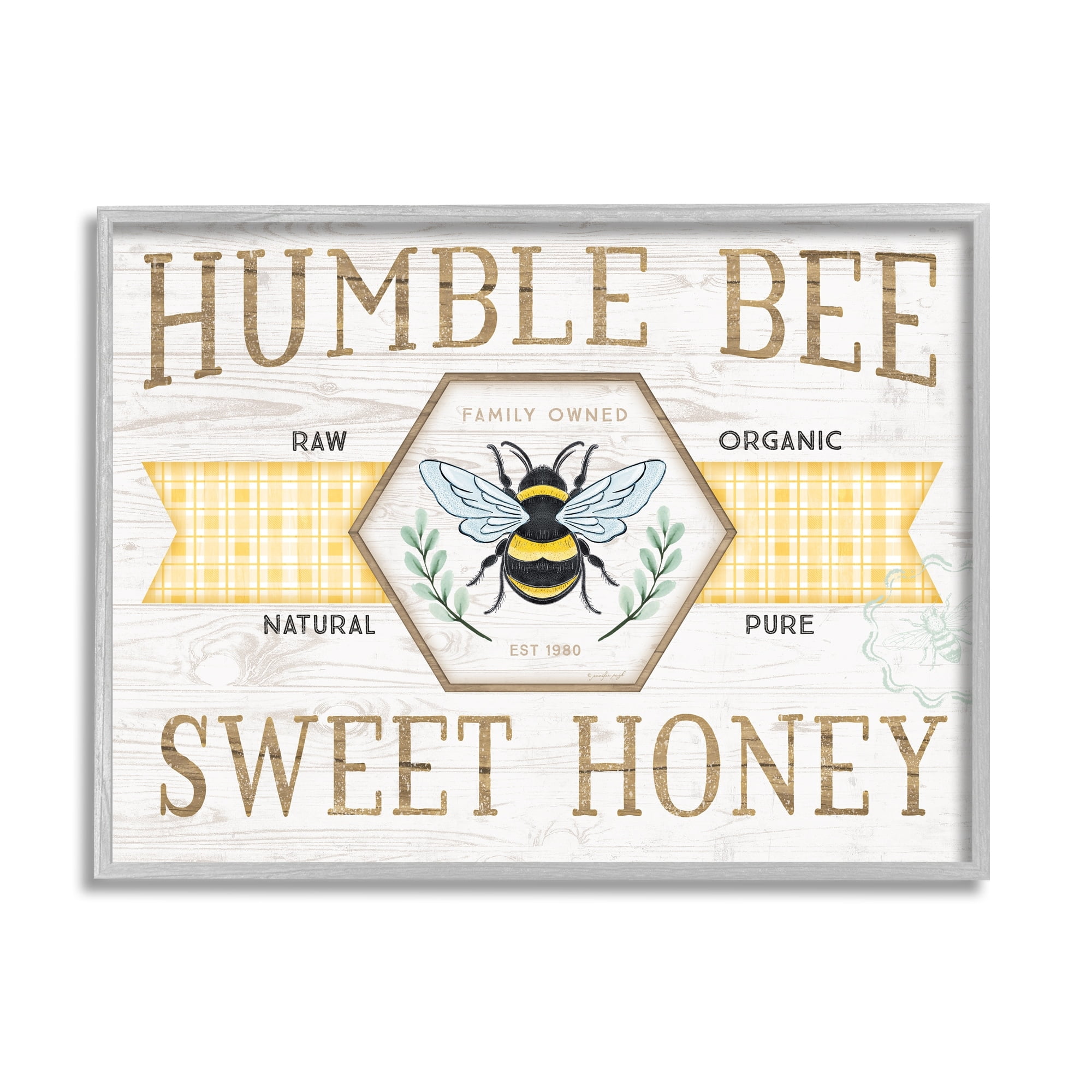 Stupell Industries Sweet Honey Bumble Bee Sign Country Tartan Banner Graphic Art Gray Framed Art Print Wall Art, Design by Jennifer Pugh