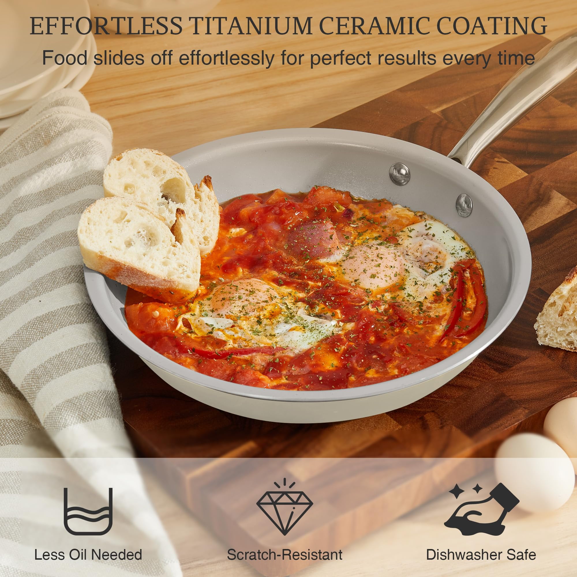 KITEXPERT Non Stick Frying Pans Set, Titanium Ceramic Pan Skillet Set Non Toxic, 8" 9.5" 11" Nonstick Frying Pan, Stainless Steel Handle, Dishwasher & Oven Safe, Cream