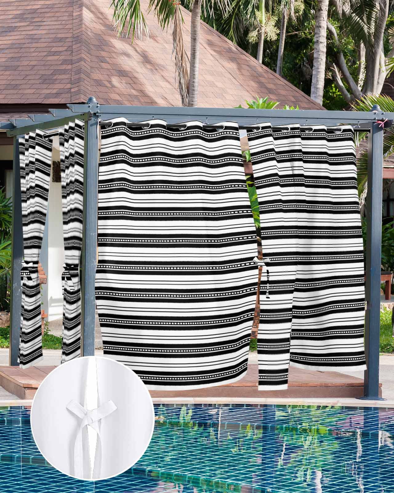 nqOlkjepod Outdoor Curtains for Patio Waterproof, Boho Black Stripe Outdoor Privacy Panels Grommet, Abstract Geometric White Minimalist Blackout Outside Curtains for Porch/Cabana 54"x95", 1 Panel