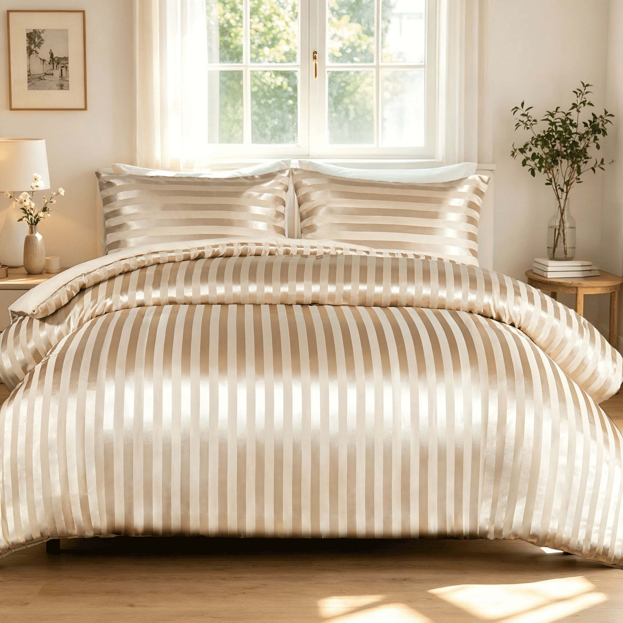 Whale Flotilla 3-Piece Luxury Stripe Satin King Size Comforter Set, Reversible Silky Soft Bedding Set with 2 Pillowcases, Lightweight All-Season Comforter, Champagne
