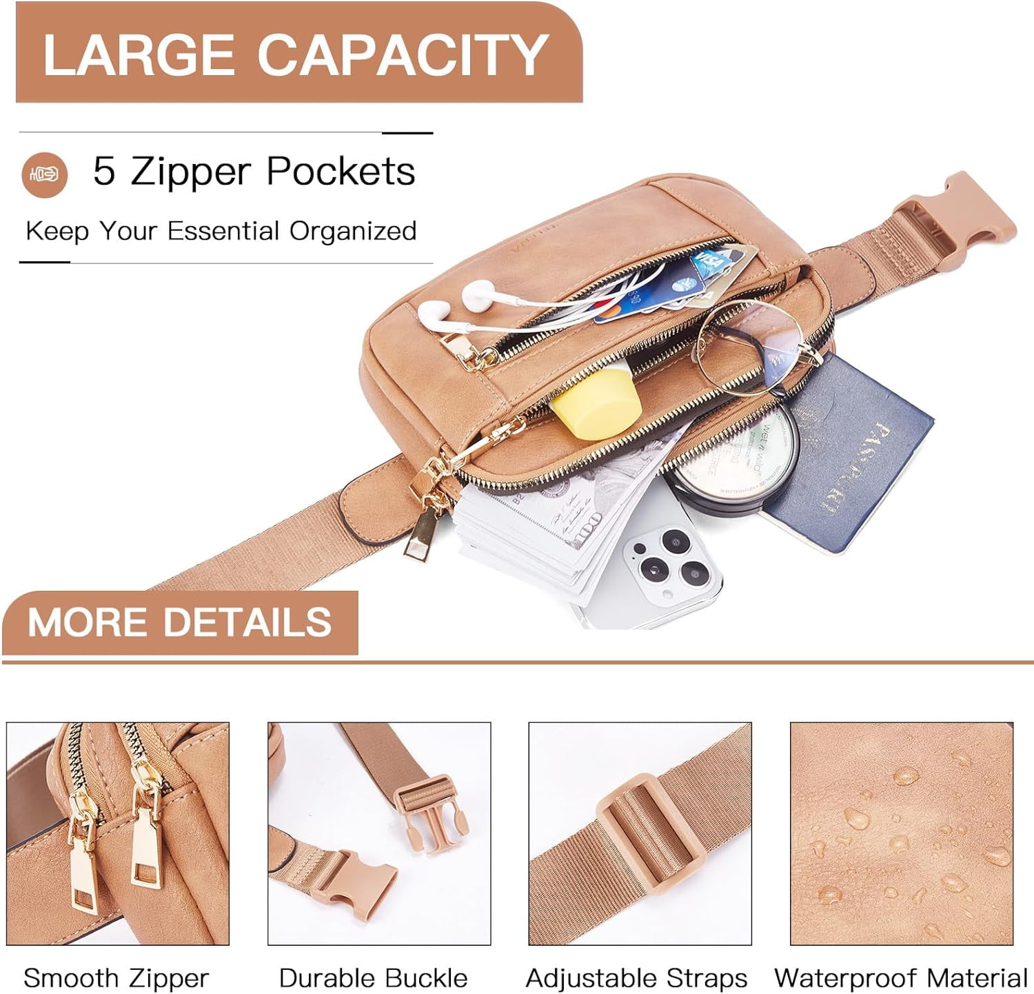 Fanny Packs for Women Cross Body Bag Leather Belt Bag Fashionable Waist Bag with Adjustable Strap Beige Brown