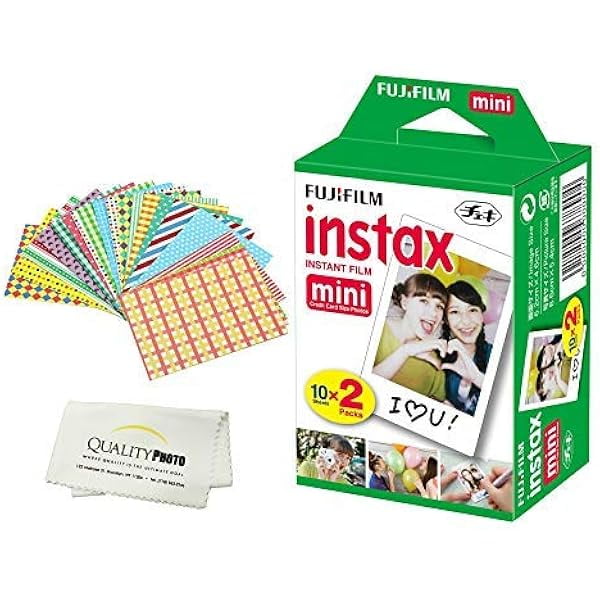 Película instantánea Fujifilm Mini (blanca) para cámaras Fujifilm Mini 8, 9 y Mini 11 + pegatinas para marco y paño de microfibra (20 películas)