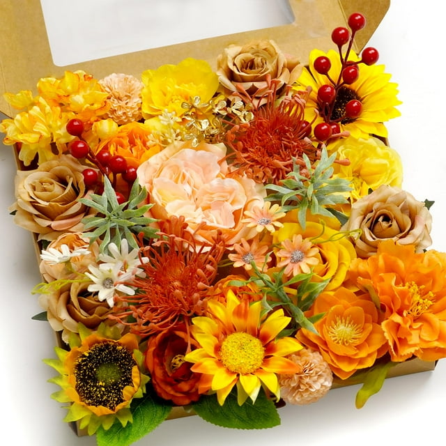 Piklado Caja Combinada De Flores Artificiales, Juego De Flores Artificiales, Hojas Sueltas Y Tallos, Ramo De Centro De Boda, Novia, Boda, Baby Shower (Amarillo Naranja)