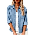 thumbnail image 2 of Edvintorg Denim Tops for Women Turndown Collar Long Sleeve Casual Loose Button Down Jean Shirt with Pockets Womens Trendy Clothes Light Blue L, 2 of 8